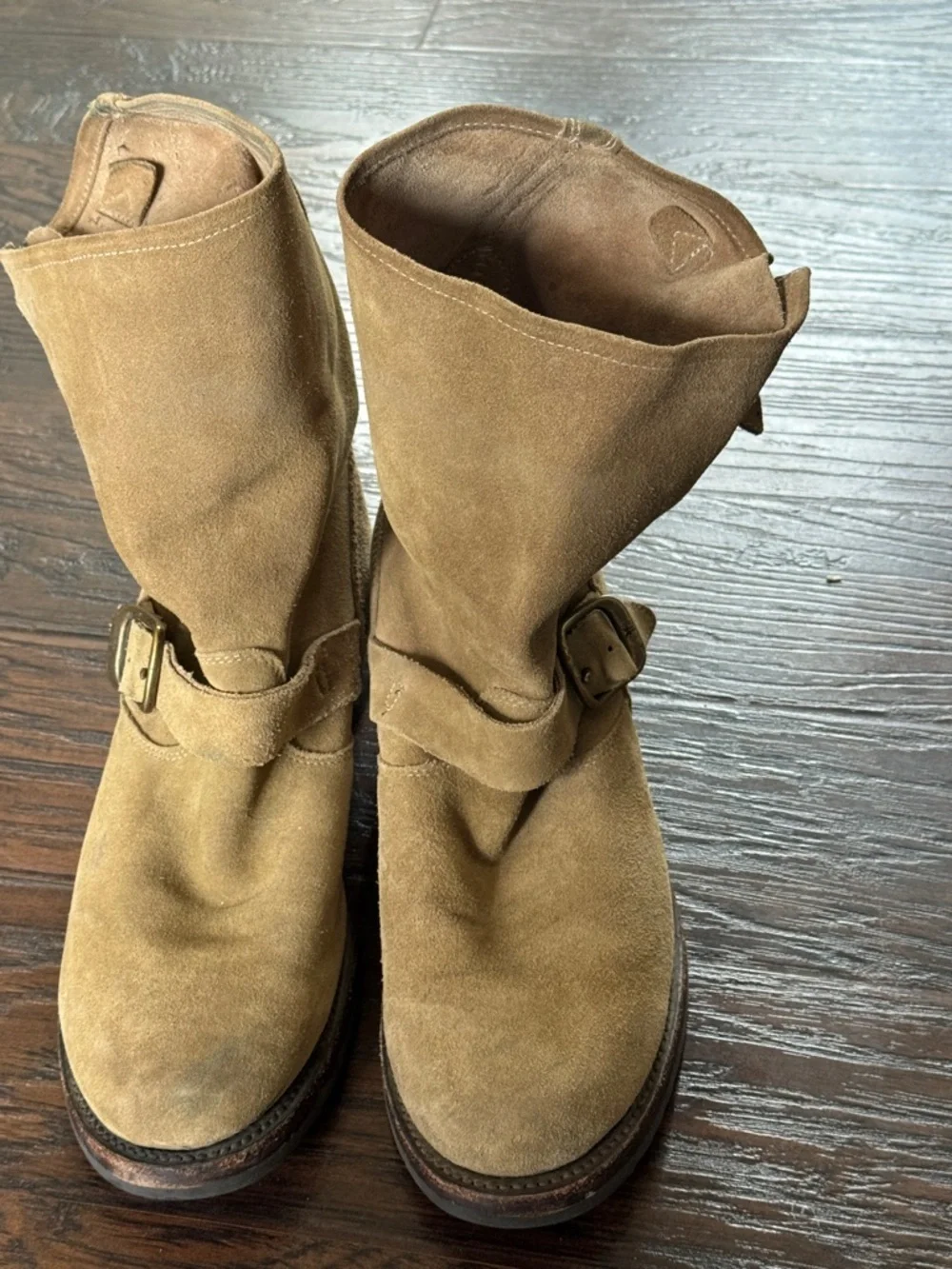 Frye Tan Suede Buckle Ankle Boots, Sz 11